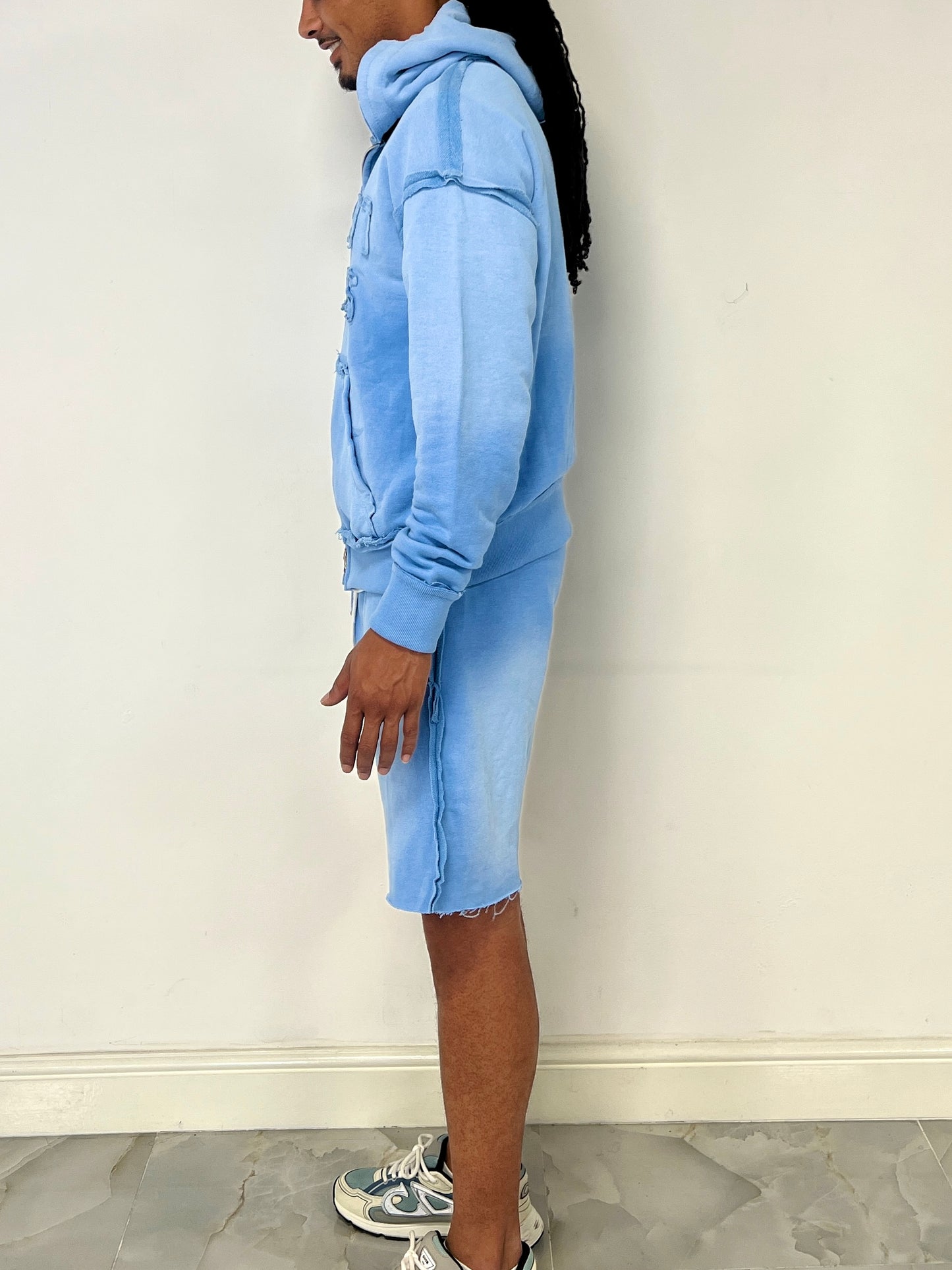 DISTRESSED|SUN-FADE SHORTS & HOODIE SET - BLUE