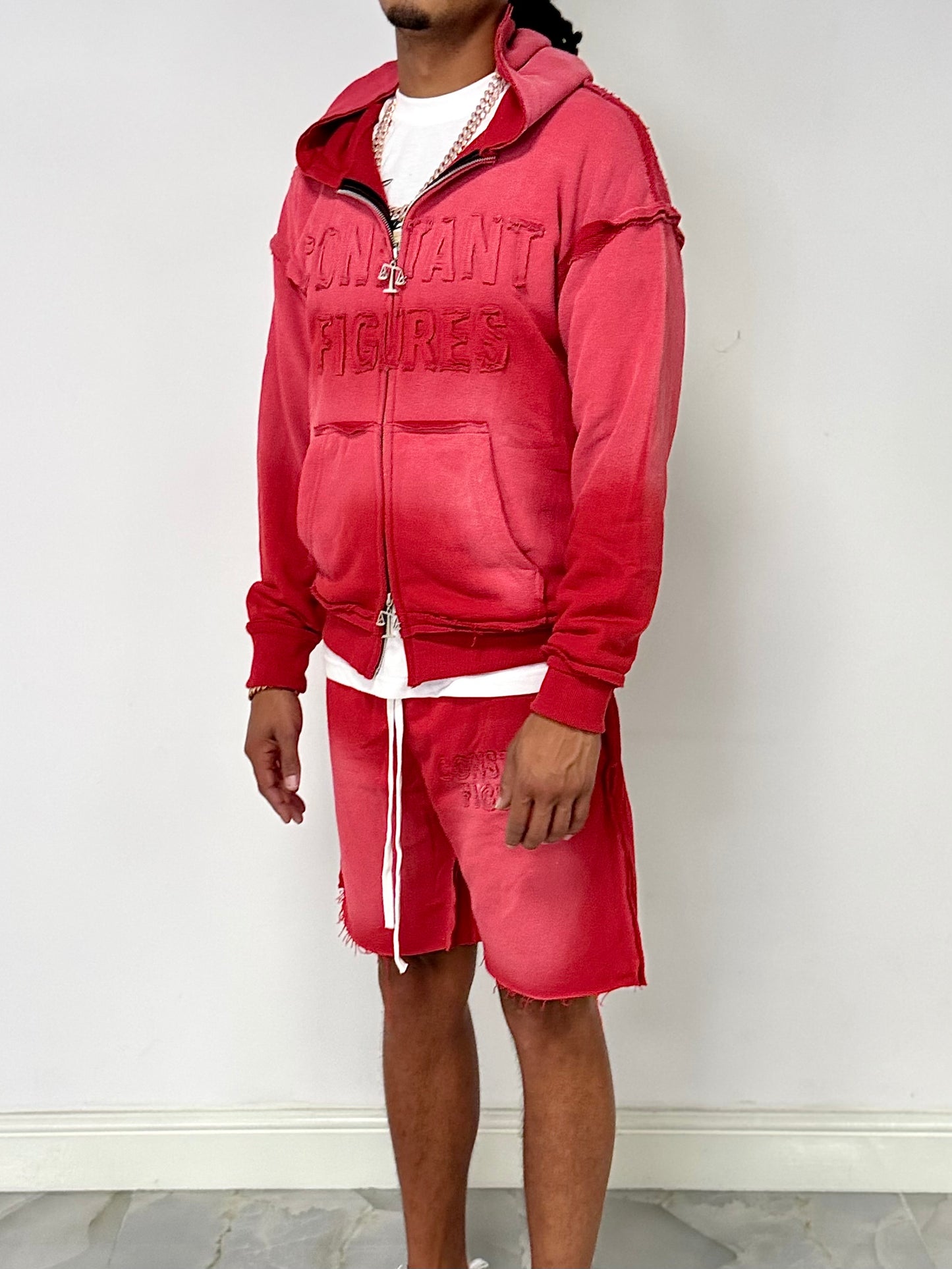 DISTRESSED|SUN-FADE SHORTS & HOODIE SET - RED