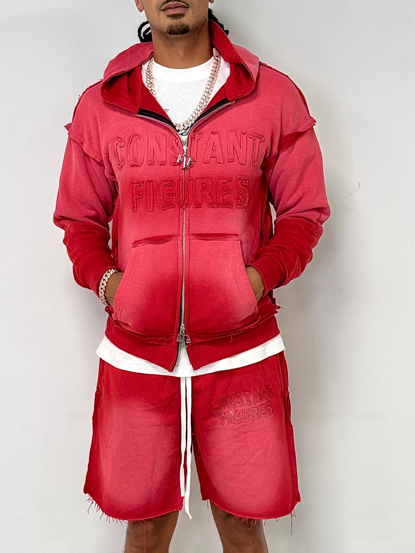 DISTRESSED|SUN-FADE SHORTS & HOODIE SET - RED