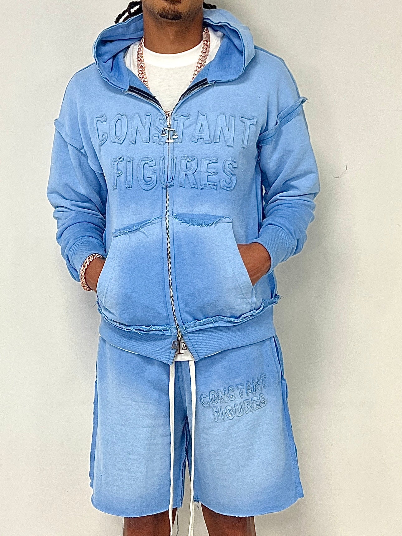 DISTRESSED|SUN-FADE SHORTS & HOODIE SET - BLUE
