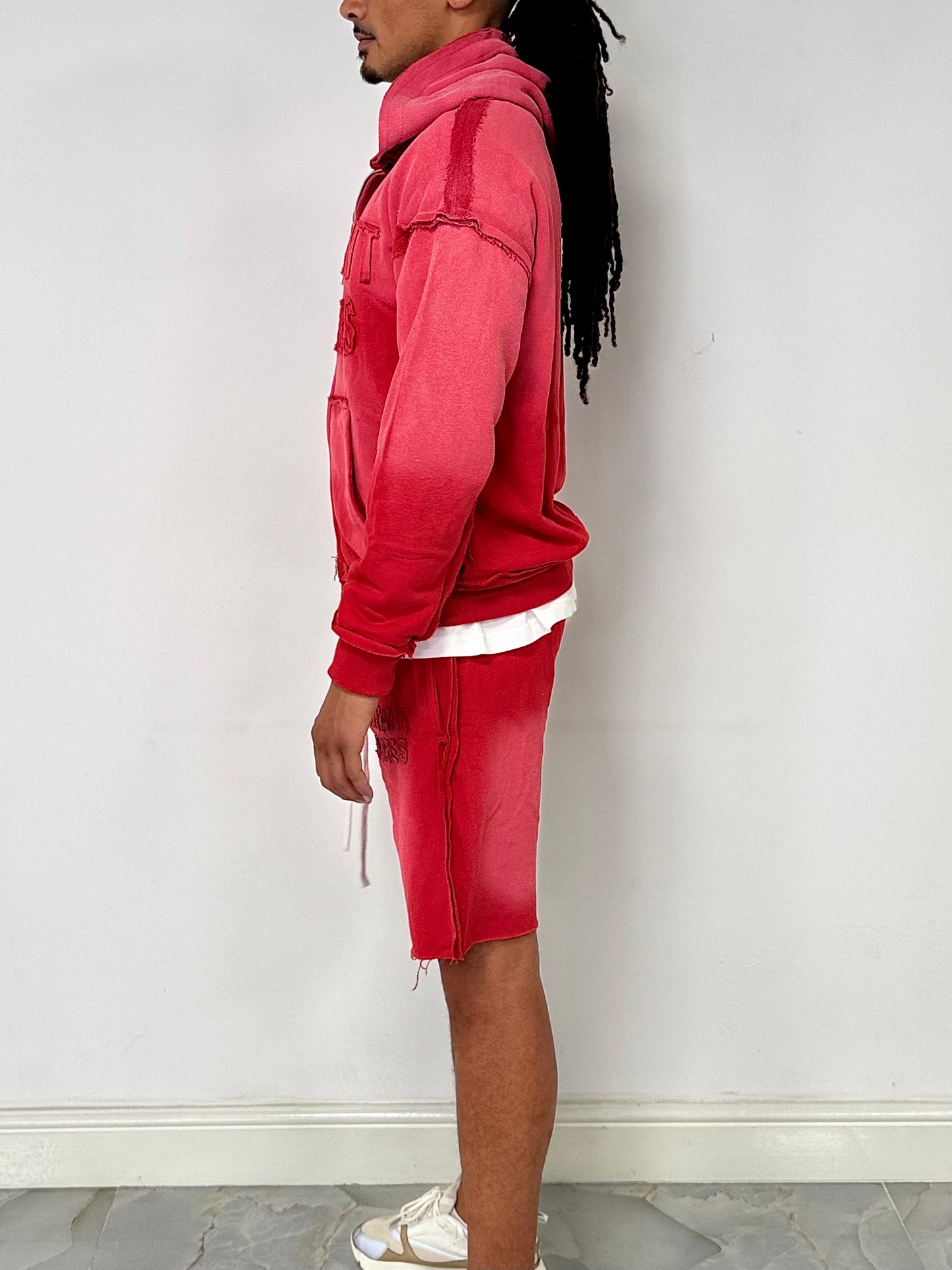 DISTRESSED|SUN-FADE SHORTS & HOODIE SET - RED