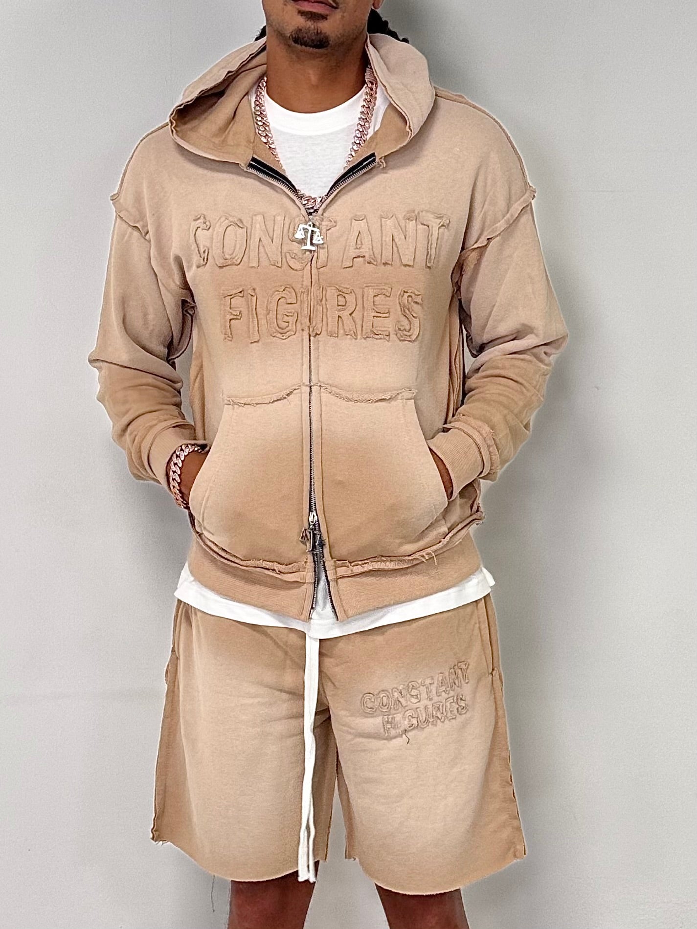 DISTRESSED|SUN-FADE SHORTS & HOODIE SET - BEIGE