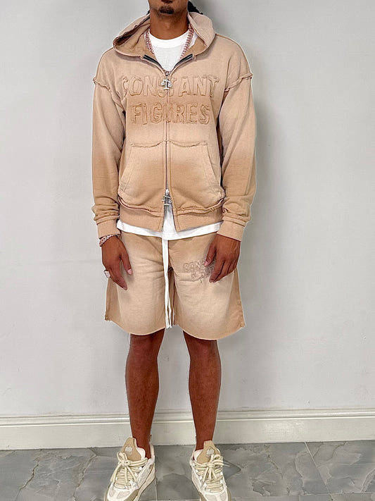 DISTRESSED|SUN-FADE SHORTS & HOODIE SET - BEIGE