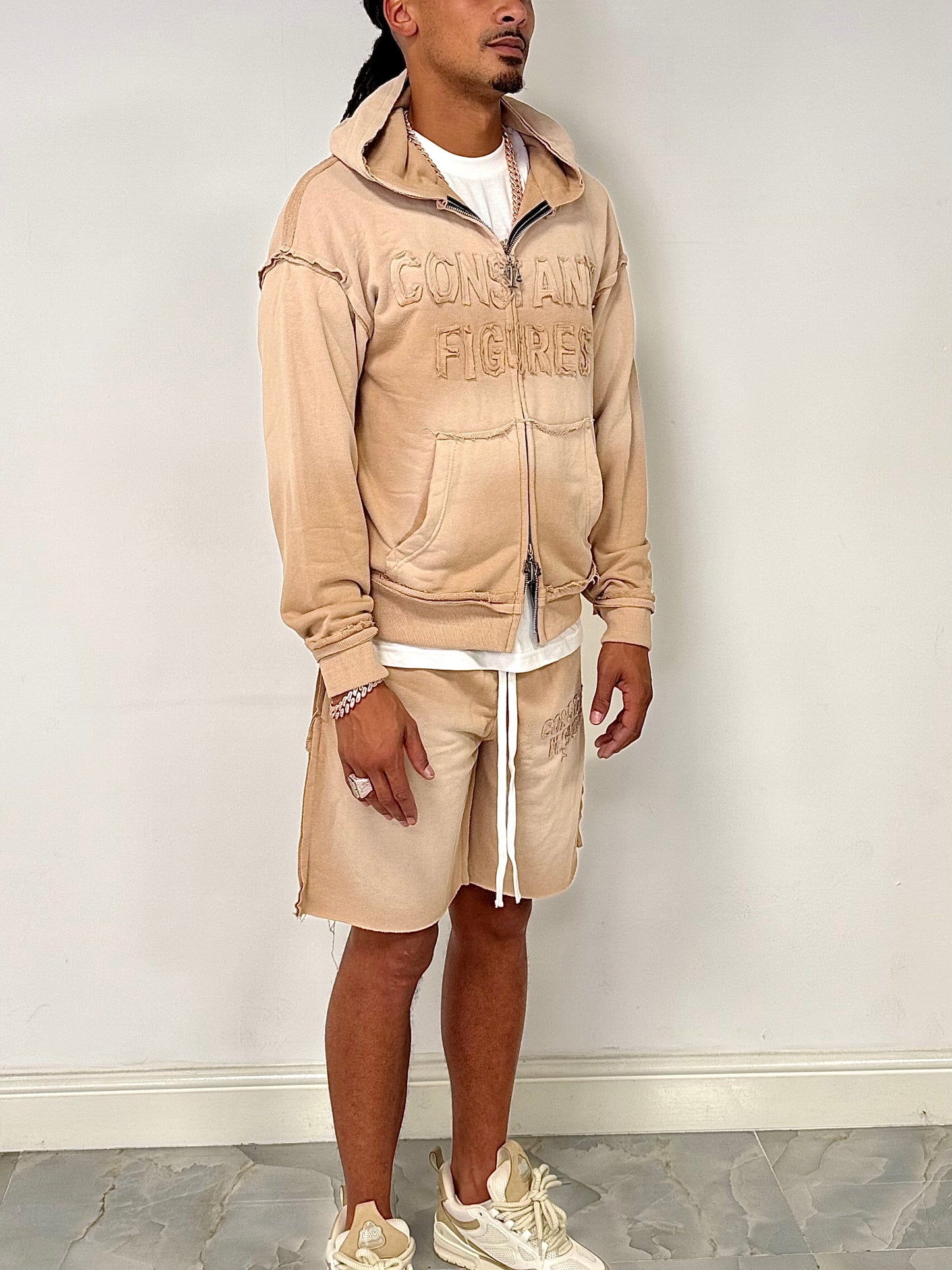 DISTRESSED|SUN-FADE SHORTS & HOODIE SET - BEIGE