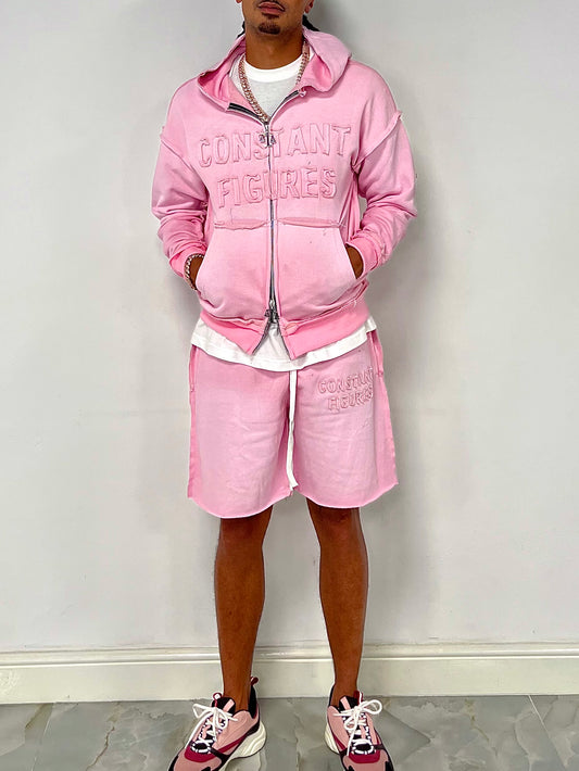 DISTRESSED|SUN-FADE SHORT & HOODIE SET - PINK
