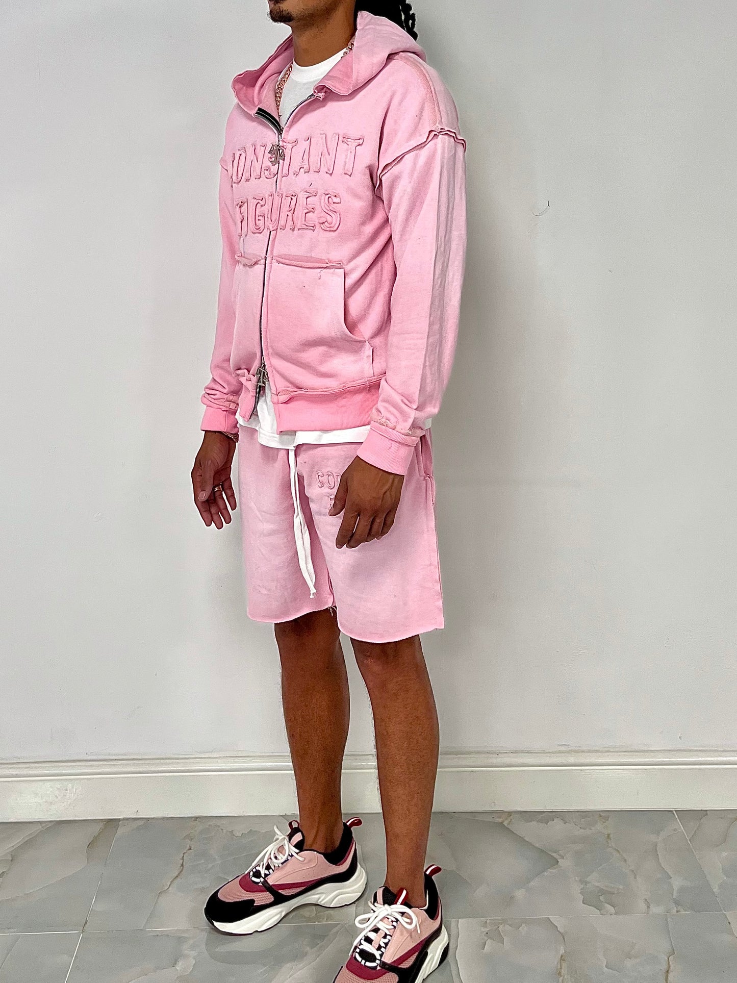 DISTRESSED|SUN-FADE SHORT & HOODIE SET - PINK
