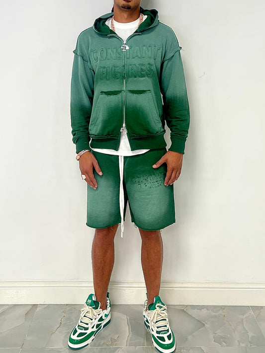 DISTRESSED/SUN-FADE SHORTS & HOODIE SET - GREEN