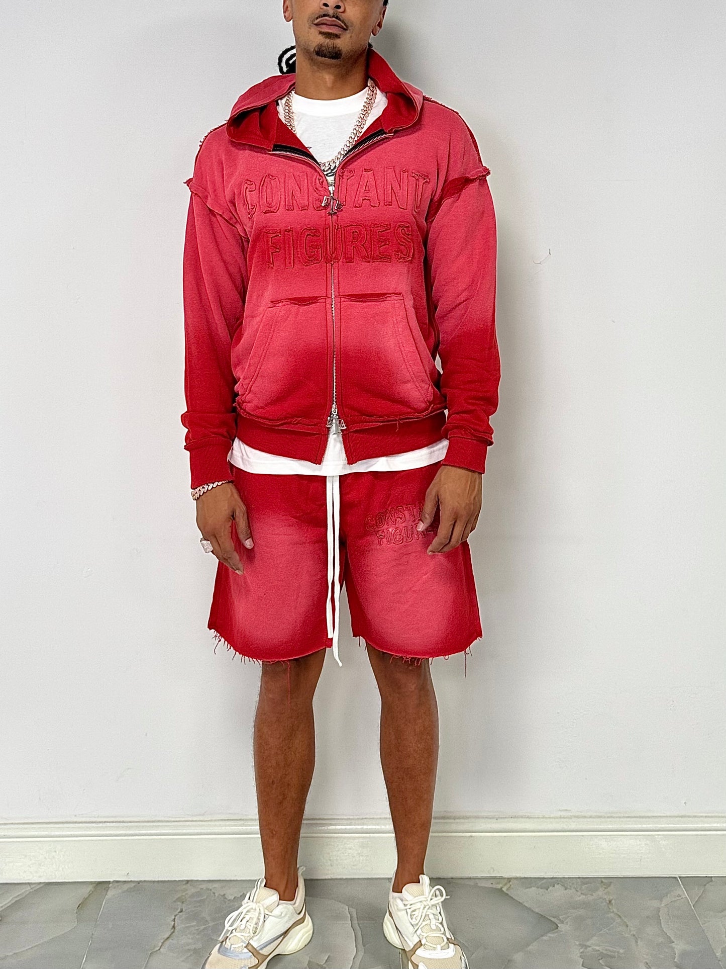 DISTRESSED|SUN-FADE SHORTS & HOODIE SET - RED
