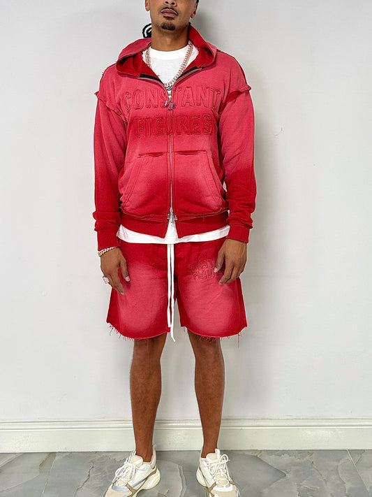 DISTRESSED|SUN-FADE SHORTS & HOODIE SET - RED