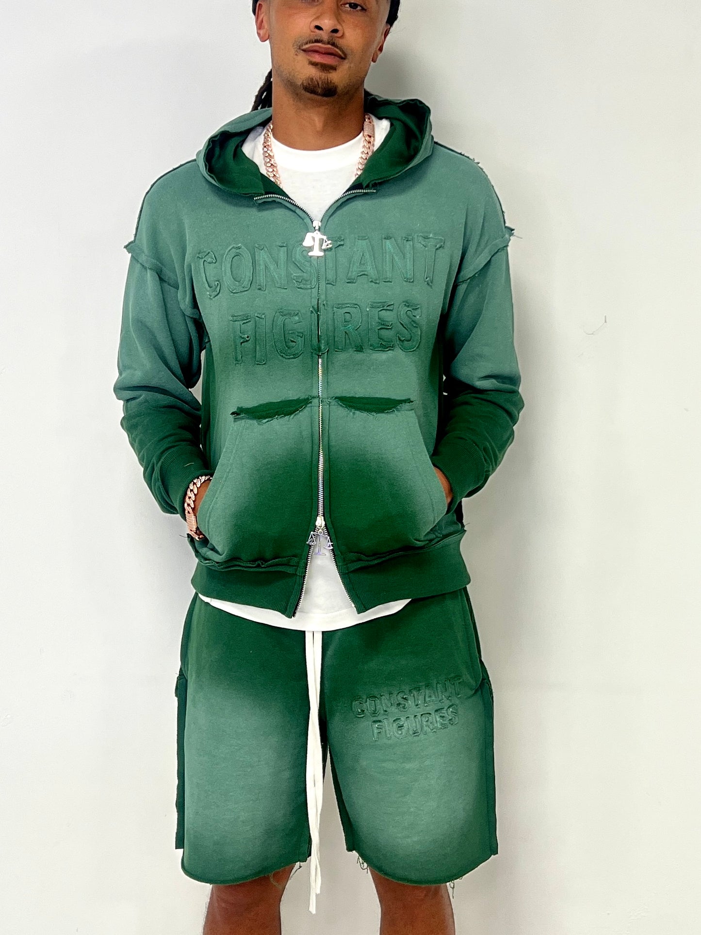 DISTRESSED/SUN-FADE SHORTS & HOODIE SET - GREEN