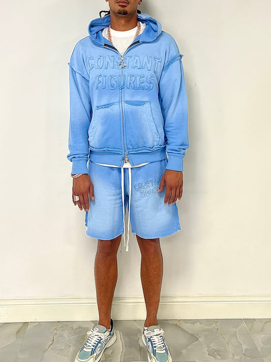 DISTRESSED|SUN-FADE SHORTS & HOODIE SET - BLUE